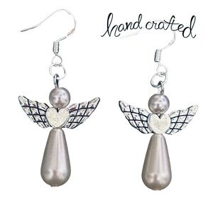 Hand Crafted Drop Earrings 3-D Articulating Angel Ivory Pearl Silver Plate Wires